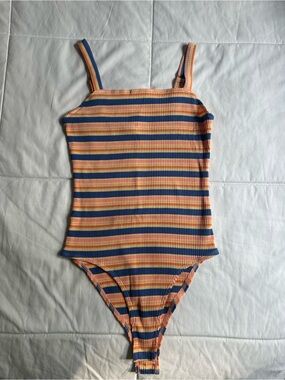 Pink Lily Weekend Ease Striped Ribbed Tank Bodysuit Small